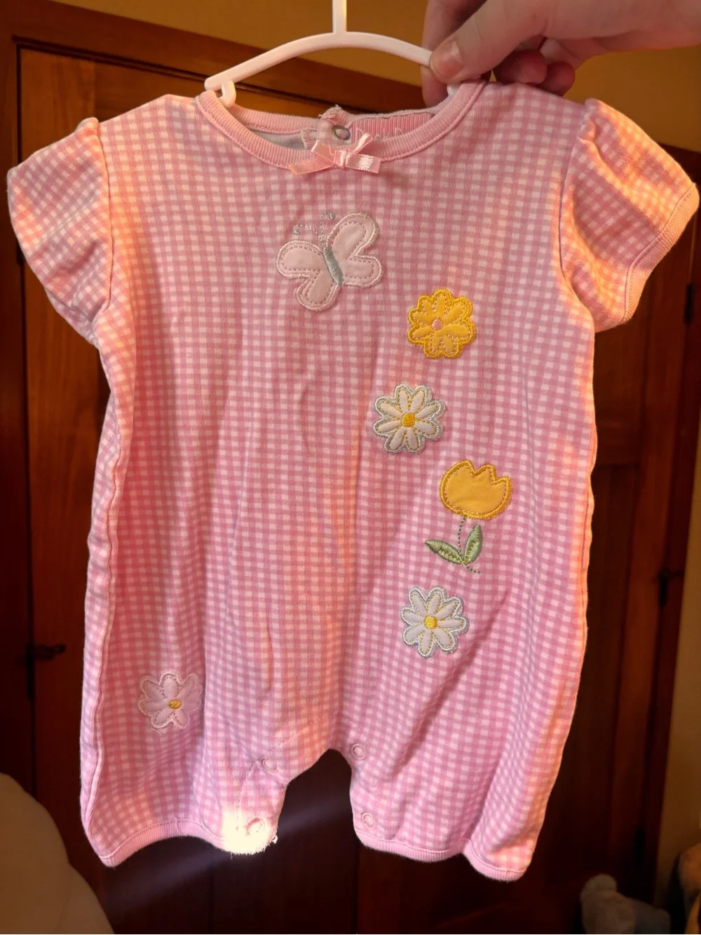 Vintage Duck Duck Goose Pink Gingham Floral Bubble Romper | 6–9M